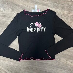 Hello Kitty Long Sleeve‎ Crop Top Graphic Tee Black Pink S
